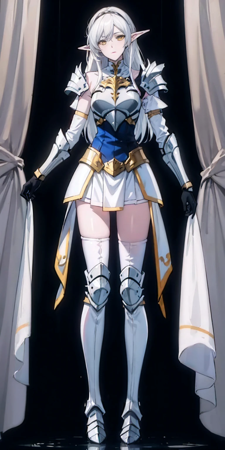 masterpiece, best quality, high quality, 1solo white SKIN elf, long hair, white hair, yellow eyes, full body, def_effie, blue breastplate, looking at viewer, shiny,armor, thighhighs, high boots,shoulder armor, faulds, poleyn, gloves, gauntlets