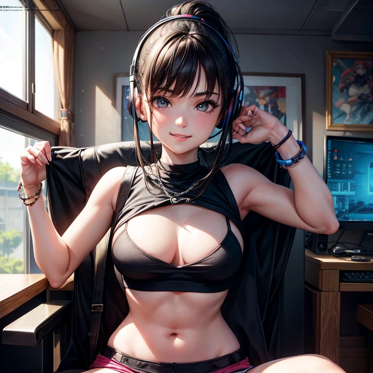 (art), (best quality), 1 girl, 18 years old, Cinematic light, 4k resolution, beautiful brown eyes, realistic, visible features, beautiful face, Anatomically correct, Highly detailed face and skin texture, Thin eyebrows, Bright eyeliner, natural makeup, fair skin, elongated lips, sunlight, shine, black hair, bangs, ponytail, medium hair, medium breasts, round breasts, black tank top, open chest, happiness, chain accessories, black bracelet on the wrist, sit on a chair, slender, a smile, has a controller, sexy photos, gaming headset, leaning towards her audience, high quality, visual art, magazine cover style, background with, neon colors room, Gaming PC, gaming desk, gaming chair, gaming bed, gaming console, table, depth, cybernetic.
