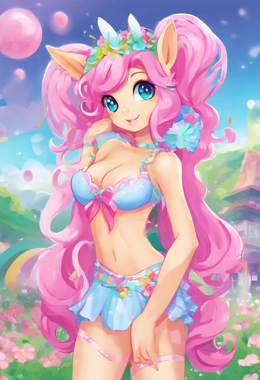 My little pony,cartoony,Fluttershy,adorable,cartoon,magenta,soft pastel colors,bright and vibrant,baby blue lingerie,pink hair,shy expression,kind eyes,shy smile,small wings,peaceful and serene background,whimsical artwork,artistic strokes,stylized details,clear outline,dreamlike atmosphere,pleasant lighting,soft and warm shadows, cute pony girl, my little pony, pegasus, string bikini.