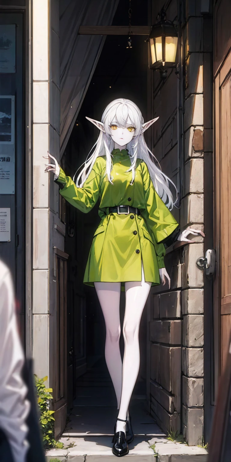 masterpiece, best quality, high quality, female full body elf WHITE SKIN, long hair, white hair, yellow eyes, standing straight looking to the camera