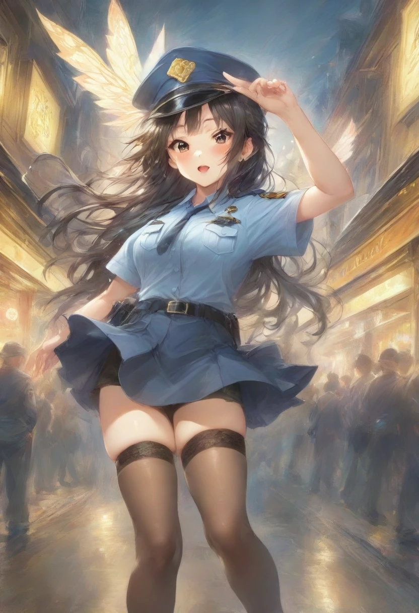 masterpiece, best quality, very aesthetic, absurdres, full body shot,(police costume:1.3), (button gap:0), police skirt, police cap, stockings with garter, on the crowed street, 1girl, akiyama mio, k-on!, spirit of the wind