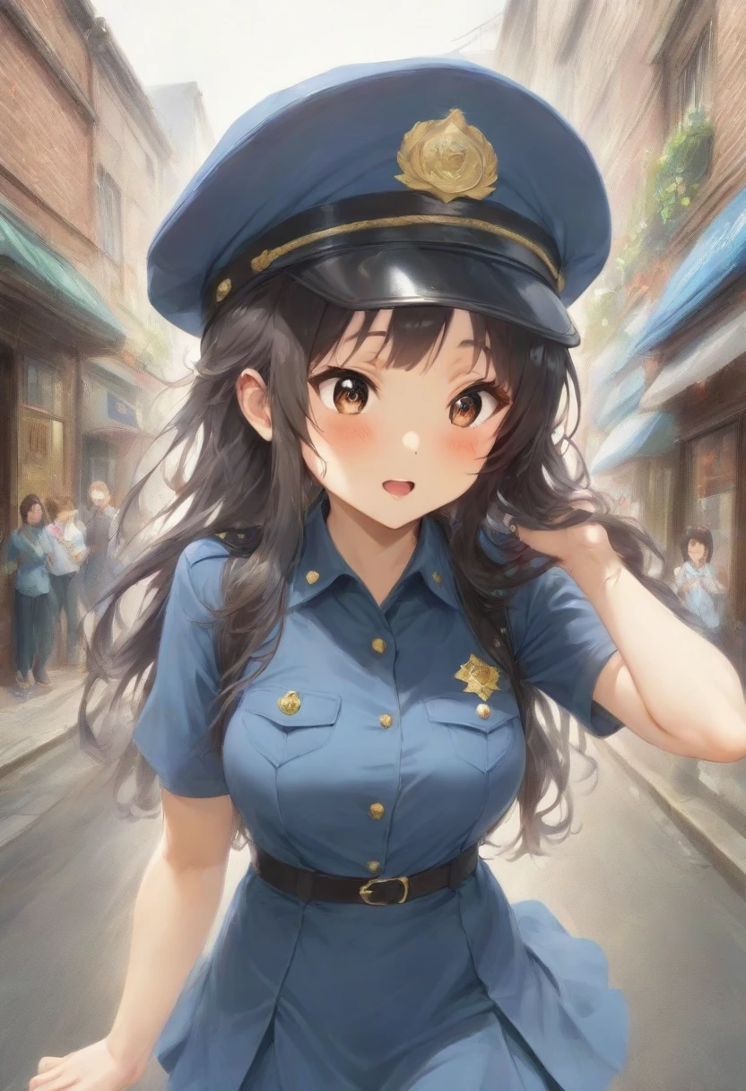 masterpiece, best quality, very aesthetic, absurdres, full body shot,(police costume:1.3), (button gap:0), police skirt, police cap, stockings with garter, on the crowed street, 1girl, akiyama mio, k-on!, spirit of the wind