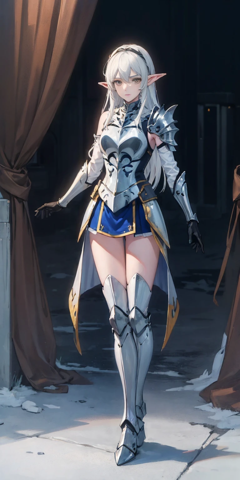 masterpiece, best quality, high quality, 1solo white SKIN elf, long hair, white hair, yellow eyes, full body, def_effie, blue breastplate, looking at viewer, shiny,armor, thighhighs, high boots,shoulder armor, faulds, poleyn, gloves, gauntlets