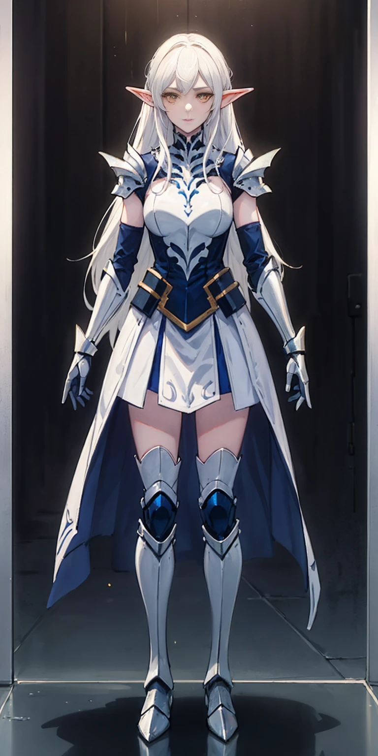 masterpiece, best quality, high quality, 1solo white SKIN elf, long hair, white hair, yellow eyes, full body, def_effie, blue breastplate, looking at viewer, shiny,armor, thighhighs, high boots,shoulder armor, faulds, poleyn, gloves, gauntlets