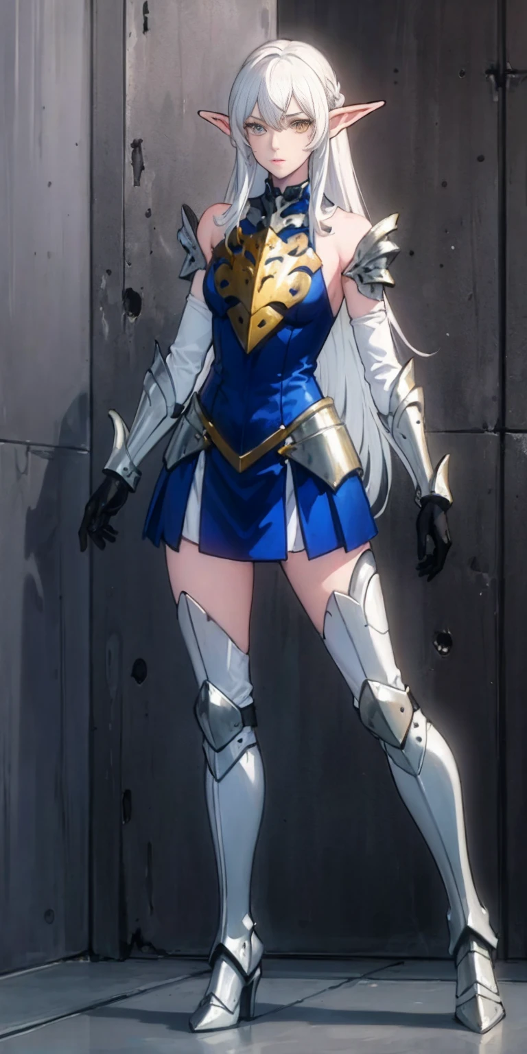 masterpiece, best quality, high quality, 1solo white SKIN elf, long hair, white hair, yellow eyes, full body, def_effie, blue breastplate, looking at viewer, shiny,armor, thighhighs, high boots,shoulder armor, faulds, poleyn, gloves, gauntlets