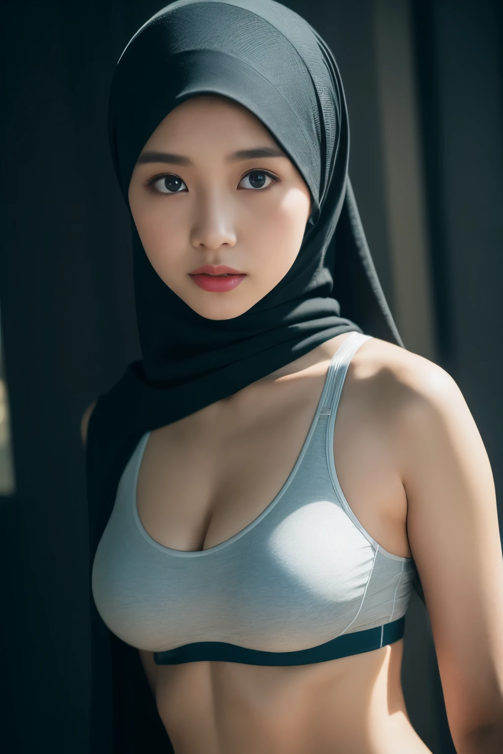 iu, yooa, tzuyu, sportsbra, cyberpunk, javanese, (((hijabi))), cleavage, reflection light, chiaroscuro, depth of field, cinematic lighting, ray tracing, Sony FE GM, UHD, super detail, masterpiece, textured skin, high details, best quality, award winning，3D,hdr（HighDynamicRange）,Ray tracing,NVIDIA RTX,Hyper-Resolution,Unreal 5,Subsurface scattering、PBR Texture、post-proces、Anisotropy Filtering、depth of fieldaximum definition and sharpnesany-Layer Textures、Albedo e mapas Speculares、Surface coloring、Accurate simulation octane rendering of light-material interactions、Two-colored light、largeaperture、Low ISO、White balance、the rule of thirds、8K raw data