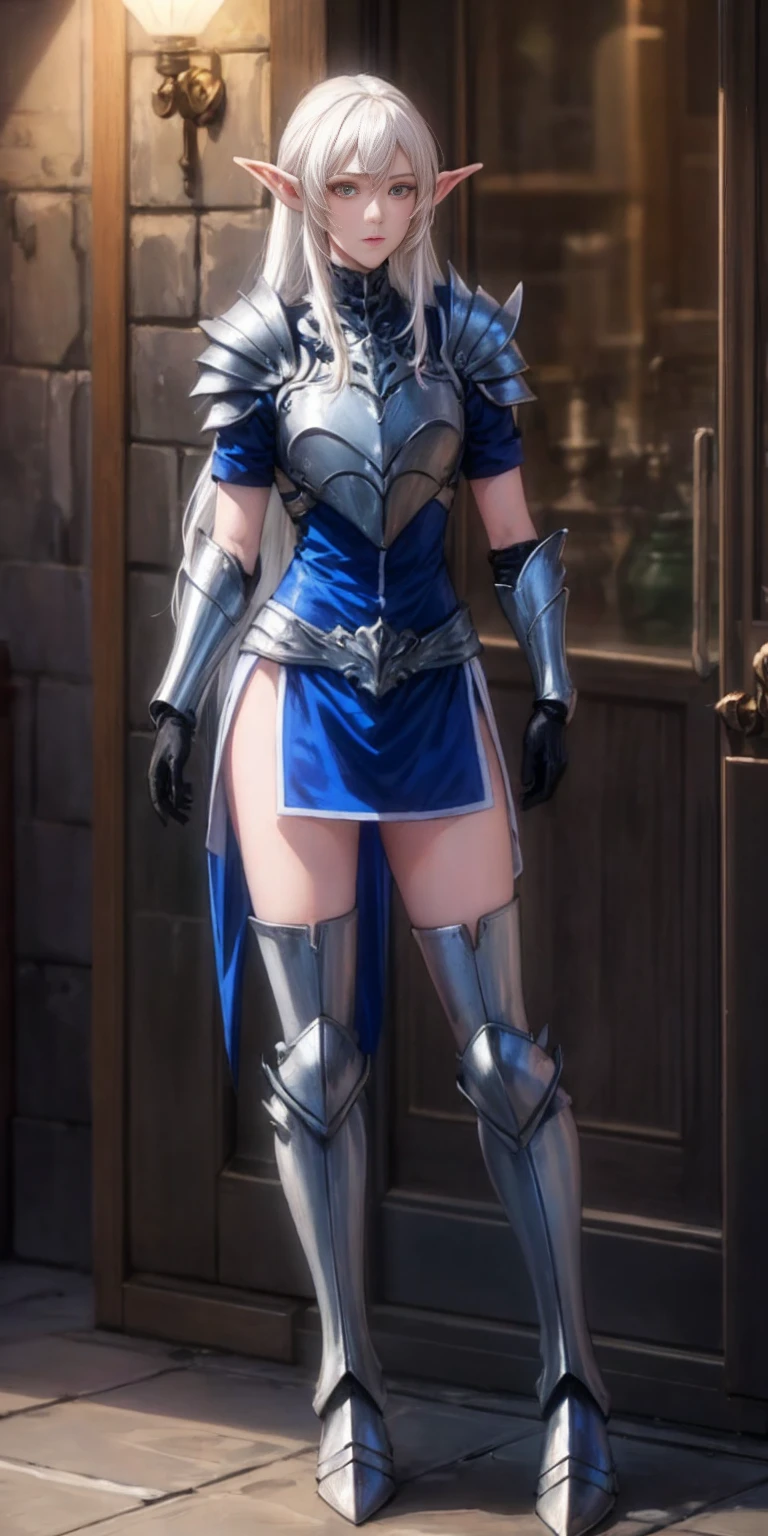 masterpiece, best quality, high quality, 1solo white SKIN elf, long hair, white hair, yellow eyes, full body, def_effie, blue breastplate, looking at viewer, shiny,armor, thighhighs, high boots,shoulder armor, faulds, poleyn, gloves, gauntlets