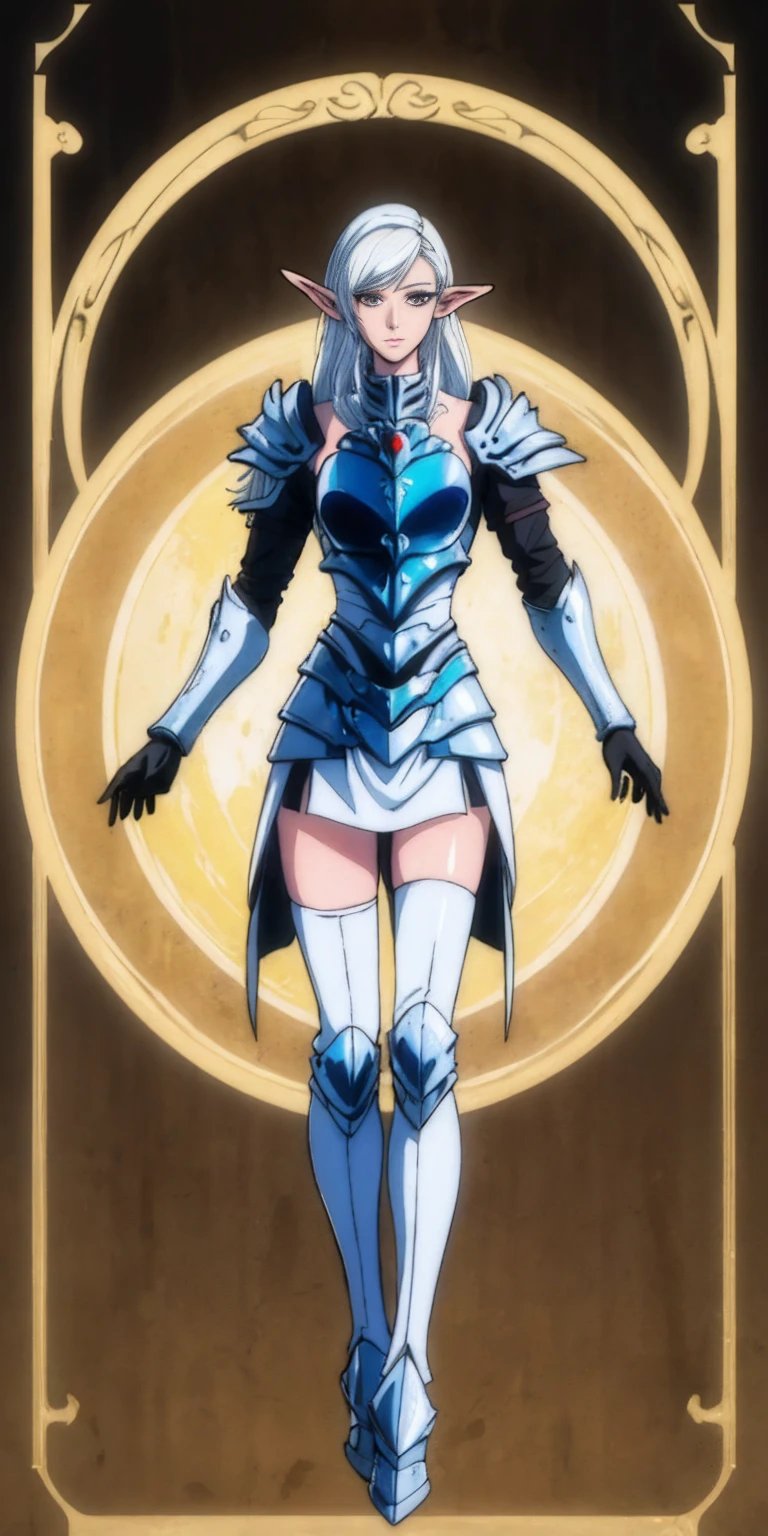 masterpiece, best quality, high quality, 1solo white SKIN elf, long hair, white hair, yellow eyes, full body, def_effie, blue breastplate, looking at viewer, shiny,armor, thighhighs, high boots,shoulder armor, faulds, poleyn, gloves, gauntlets