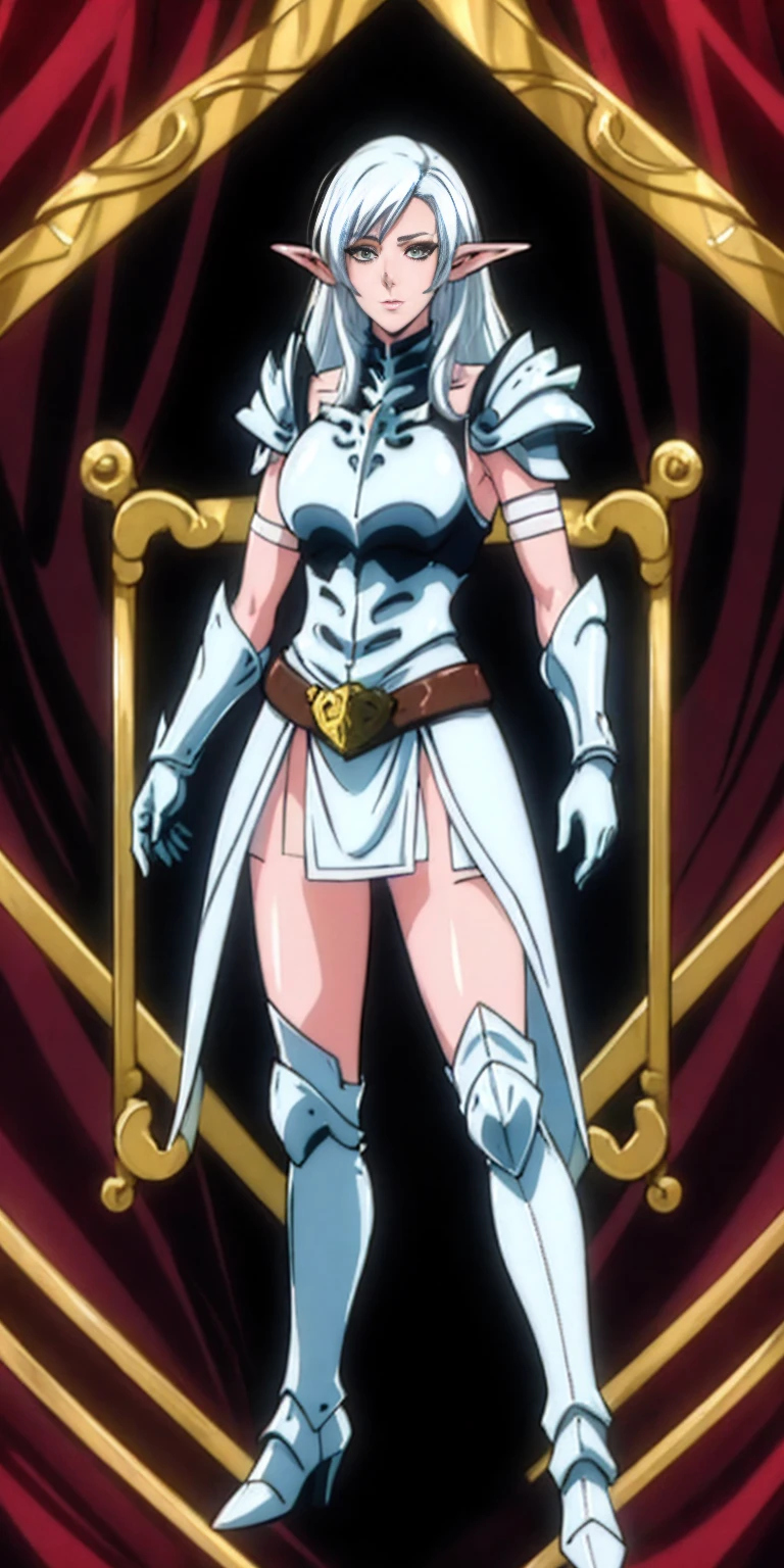 masterpiece, best quality, high quality, 1solo white SKIN elf, long hair, white hair, yellow eyes, full body, def_effie, blue breastplate, looking at viewer, shiny,armor, thighhighs, high boots,shoulder armor, faulds, poleyn, gloves, gauntlets