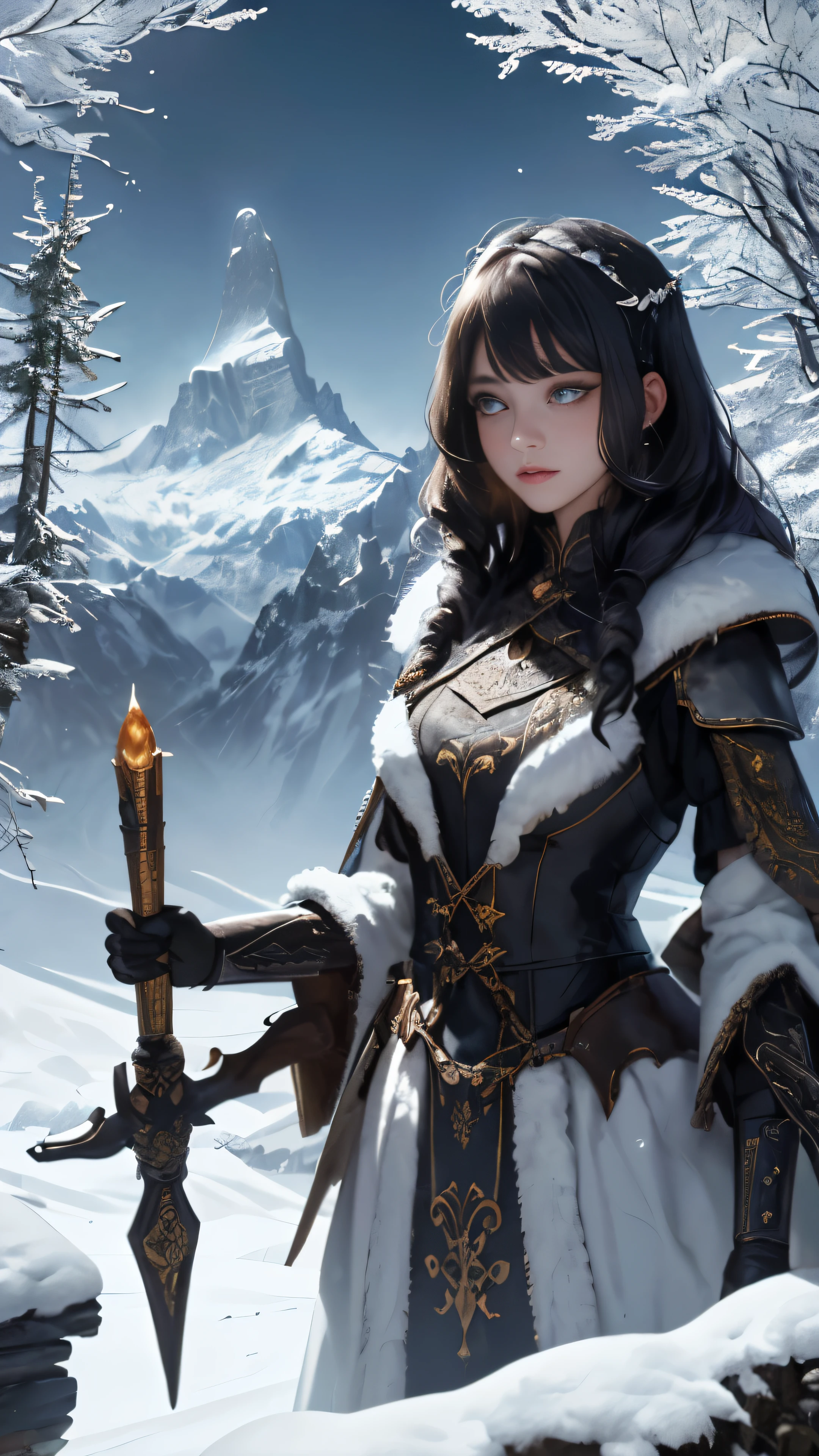 (Masterpiece, best quality, illustration, dark, 1 girl, In the wilderness, High mountain, Snow-capped mountains in the distance, Castle,
A lone girl stands triumphantly atop a rocky outcropping, gazing out at the breathtaking view of snow-capped mountains in the distance. The sun casts long shadows over the rugged landscape, infusing the scene with an ethereal, otherworldly beauty.
Her beautiful, detailed eyes sparkle with determination and a sense of awe, framed by thick, lush lashes. Her hair, a cascade of dark curls, catches the light and shimmers, adding an extra layer