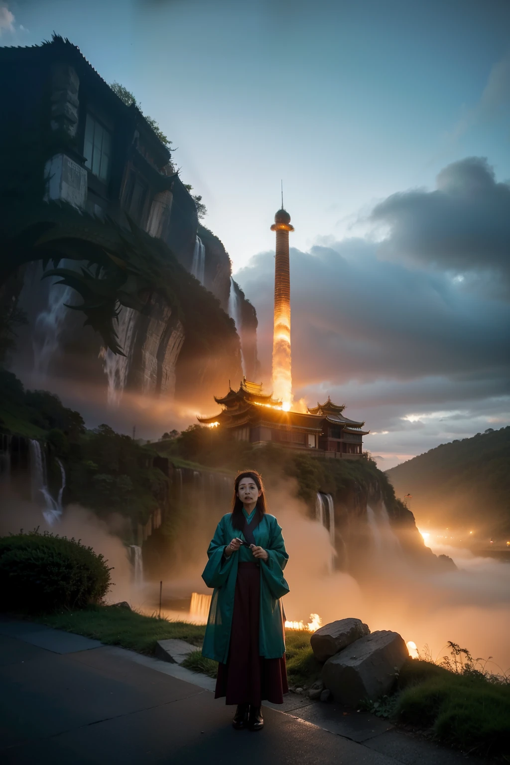 (guiguai),A woman stands in front of a powerful dragon,view viewer,dragon,wing,Green lantern,contour,(Mongolian architecture:1.2),半transparent灵魂,,waterfall man,skeleton,cloud,teeth,cloudy sky,transparent,luminescent,red theme,dragon,Re-entry,