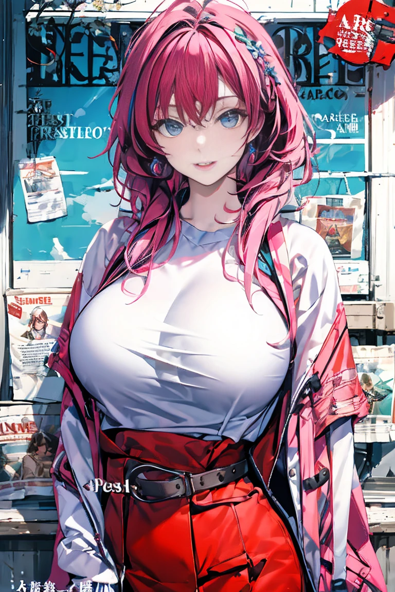 masterpiece, best quality, spring clothing, colorful hair, outdoor, magazine cover ,Upper body,big breast