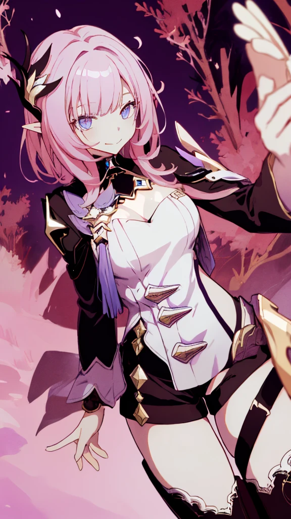 (realistic painting style:1.0), masterpiece, 最high quality,  disorganized,((full body)),Elysia (miss pink goblin) (Honkai Impact), slit pupil, Elysia (Honkai Impact), goblin, pointed ears, 1 girl, , cleavage, alone, pink hair, tongue, tongue out, large , looking at the viewer, shorts, hair ornaments, black shorts, blue eyes, bangs, long hair,  black knee high boots, smile, short shorts, closed mouth, long sleeve, pink eyes, ((very detailed background)), (((cowboy shot,dynamic angle)))，1 girl,,(shiny skin:1.3),(Beautiful and dense skin),(thin hair), masterpiece, high quality, High resolution, confused,(beautiful and aesthetic:1.2), beautiful hands, (4k), 8K, perfect balance,(Highly detailed CG Unity 8K wallpaper), perfect hands, embarrassing, blush, light_vestige,intricate details,Depth of written boundary, extremely delicate and 美しい,professional photography, Bokeh, High resolution, sharp details, 最high quality, thick thighs,beautiful eyes, beautiful background, outdoor，