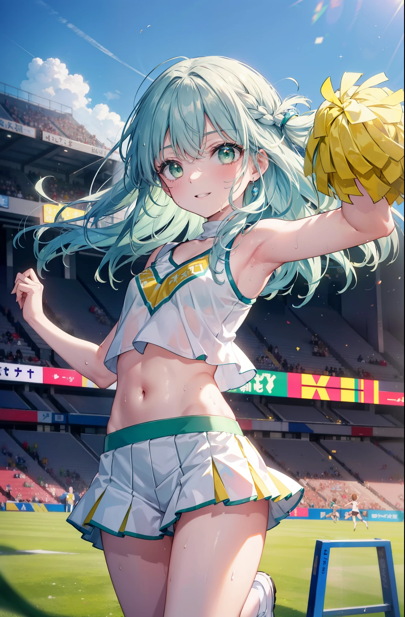 index, index, (green eyes:1.5), blue hair, long hair, (flat chest:1.2),(cheer leading), (whole body), big breasts, lower, (sweaty), sweaty Wet Clothes, (white clothes), , Navel support, playground, (jump), (jump), 足を曲げてjumpする, air, blue sky, Grass原, smile,Cheerleader, pom pom \(cheer leading\), Grass, smile, 
break looking at viewer, Upper body, whole body,
break indoors, stadium,
break (masterpiece:1.2), highest quality, High resolution, unity 8k wallpaper, (figure:0.8), (detailed and beautiful eyes:1.6), highly detailed face, perfect lighting, Very detailed CG, (perfect hands, perfect anatomy),