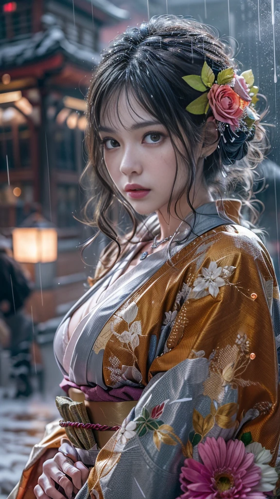 (Photoreal:1.5, 8K, highest quality:1.3, masterpiece, ultra high resolution), (((heavy snow, Blizzard))), Highly detailed skin and facial textures:1.3, perfect dynamic composition:1.2, (In front of a shrine at night in a modern city, expression of sadness:1.0, Tears are flowing:1.0, cry with a broken heart:1.0), Slim office lady wet in the rain:1.2, cowboy shot, Fair skin:1.2, sexy beauty:1.1, perfect style:1.2, beautiful and aesthetic:1.1, very beautiful face:1.2, water droplets on the skin, (rain drips all over my body:1.2, wet body:1.2, wet hair:1.3), (Professional kimono dressing:1.1, With a wet bouquet:1.2, Wearing a wet silver kimono correctly:1.3), (Medium chest, Bra see-through, Chest gap),  (Big eyes that exude beautiful eroticism:0.8, adult charm:0.8, Bewitching:0.8), necklace, earrings, bracelet, wedding ring, Highly detailed and accurate hand and finger representation