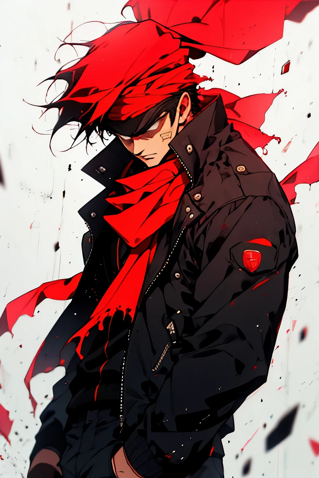man with a red bandana and Band-Aid on cheek in a red and black jacket with white background as a cool character