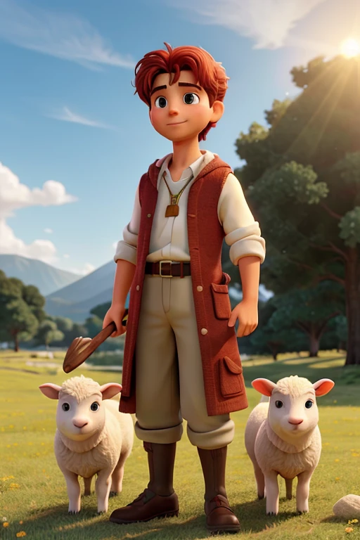 Imagine a pastoral setting at sunset, onde o jovem David, with red hair and young features, is attentively looking after a flock of sheep in the green meadows. Seu cabelo reflete a luz suave do sol poente, as he holds a shepherd's rod with skill and compassion. As ovelhas, spotted and peaceful, pastar ao redor dele, confident in David's calm leadership. This moment portrays the humility and devotion of the future king of Israel in his days as a simple shepherd, before being anointed for a greater purpose., UHigh definition, Anatomicamente Correto, pele texturizada, super detalhe, alta qualidade, Melhor qualidade, high resolution, High definition, 4K, 8k, 16k