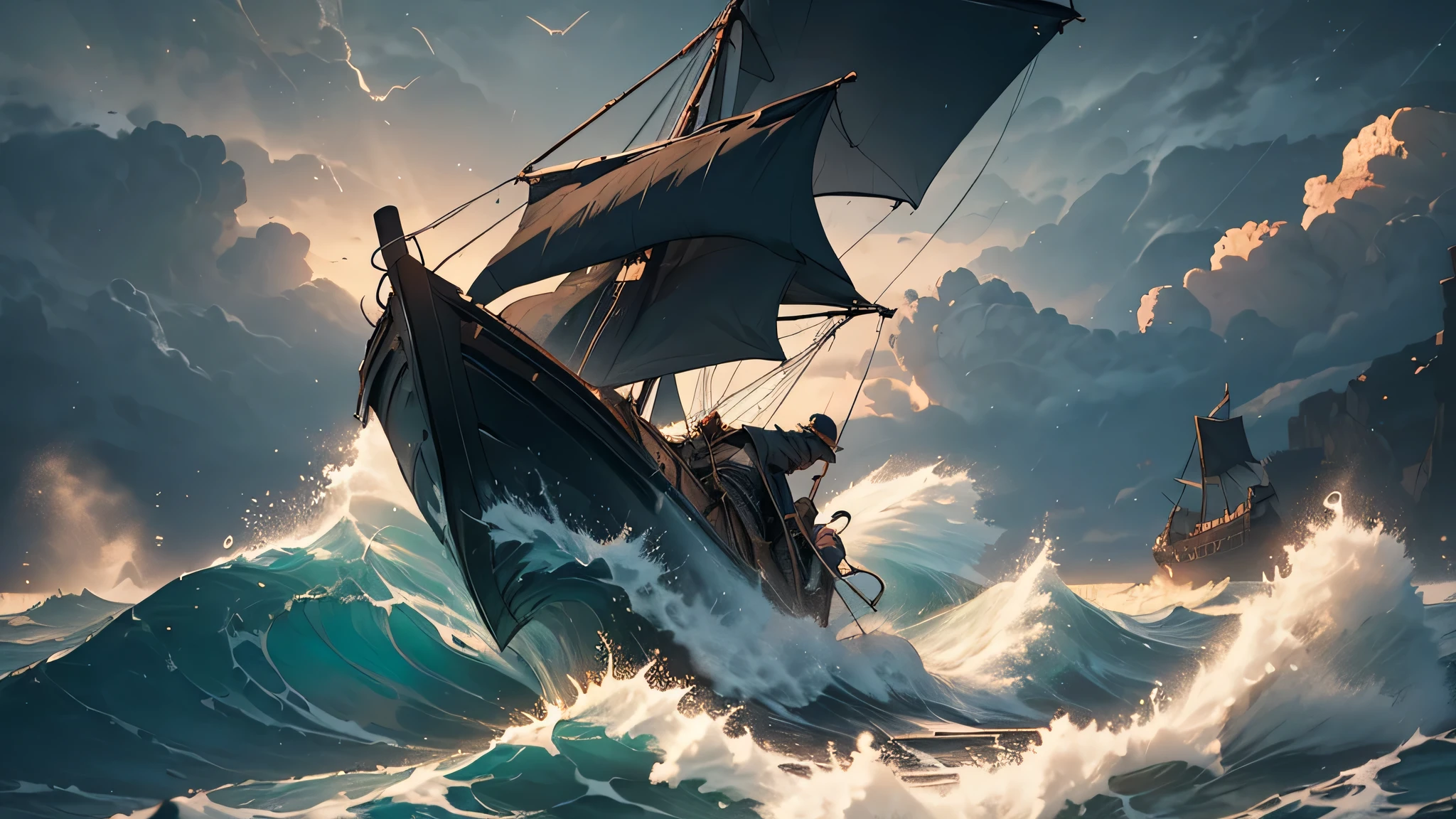 A rugged black-haired fisherman with tattered attire navigating his small boat through a treacherous midnight sea storm, viewed from behind, medieval Fantasy theme, dramatic lighting, dynamic waves, ominous clouds, high chaos