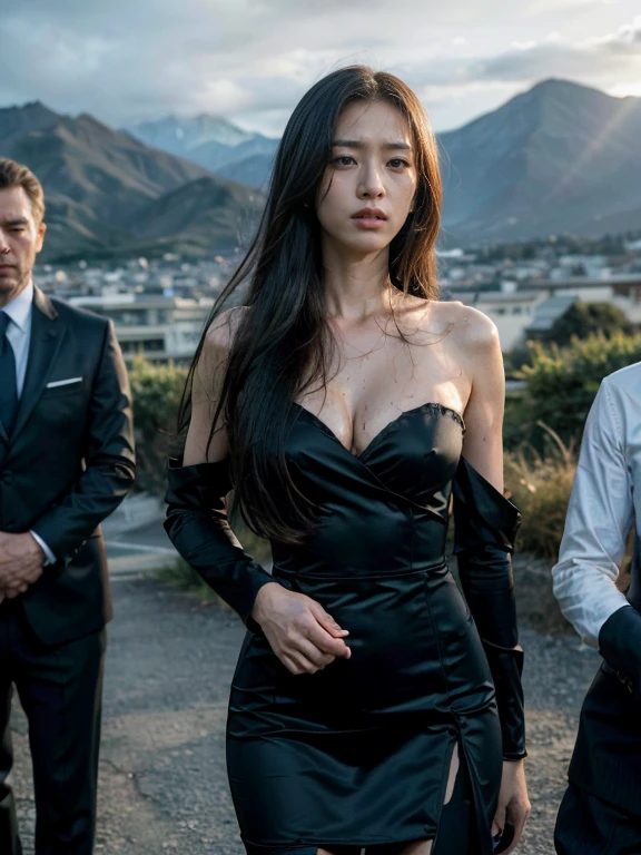 original photo,depth of field,dramatic,Inspired by the 007 movie,(Real movie stills:1.3),007 movie style,(best quality, high resolution:1.2), perfect composition,Super detailed details, (actual、lifelike、Realism:1.3), at sunset,spectacular cloud formations,top of mountain,Full body female love,Tall man,sexy woman,((1名女人和2名Tall man在一起)), The woman's hair is very messy,Woman wearing intricate evening dress,hollow,pattern,badge,Torn evening gown,sexy cleavage,Threatening atmosphere,007 atmosphere, Threatening atmosphere,Agent atmosphere, close up, Perfect body,性感的long legs,long legs,Highly detailed facial details, real background,background是top of mountain,Stills from the real 007 movie,Movie plot,(sharp focus:1.2), Very detailed, (lifelike:1.4), (The original image, 8K high resolution:1.2), RAW candid movies, 16 mm, Color graded Portra 400 film, Surreal, subsurface scattering, Ray tracing, (Volumetric lighting),The woman is soaked all over,((Behind the woman stood two other men in suits.)),Threatening atmosphere,