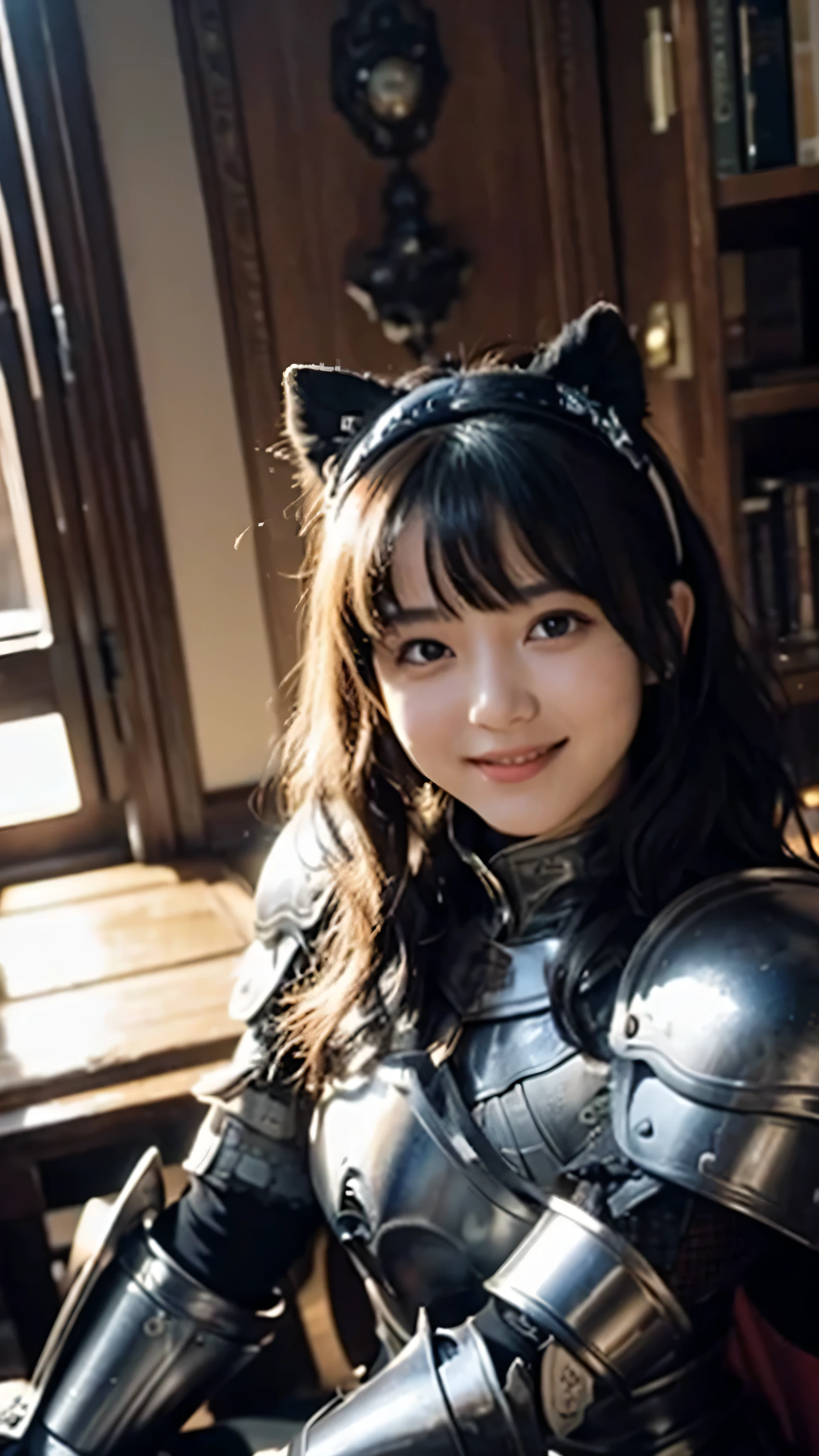 (cinematic angle: 1.2), (1 girl, knight armor),(best quality, detailed details, masterpiece, official art, movie lighting effects, 4K), white hairband, big breast, in bedroom, moametal, (looking at viewer, smile),