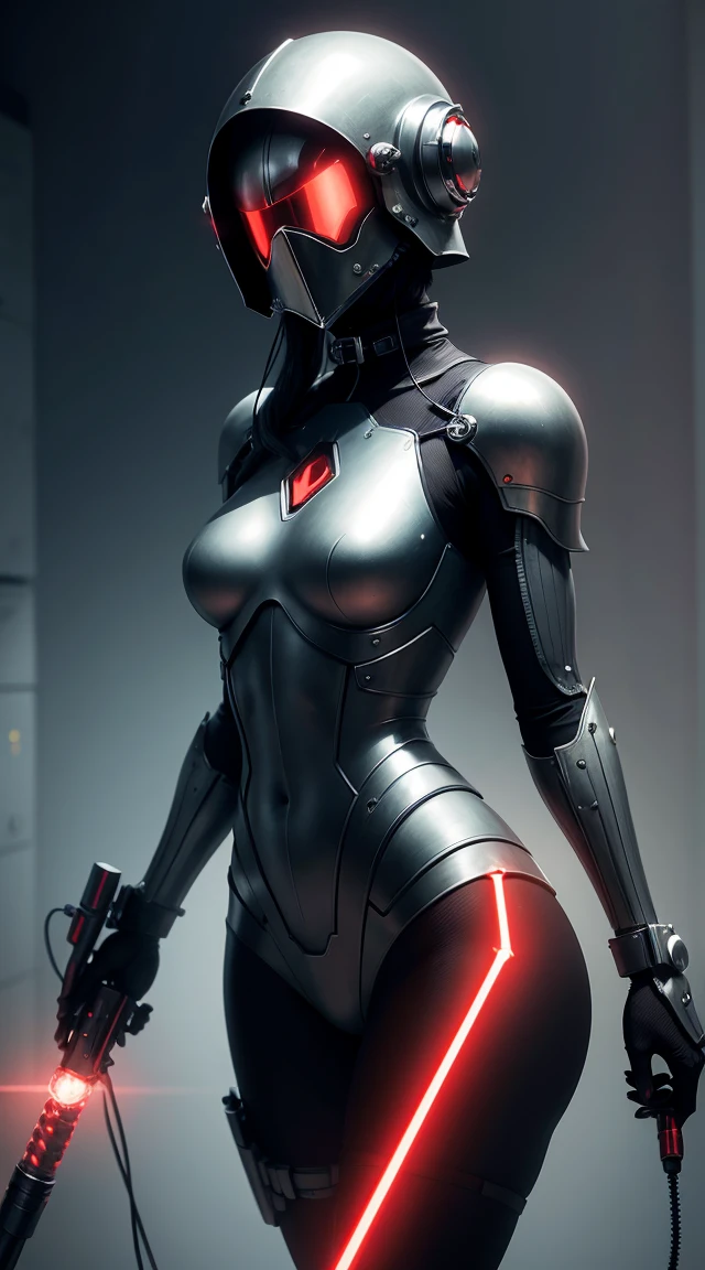 Topic Prompts "atomic heart, mechanical girl" as follows: atomic heart,mechanical girl,(((Wear metal that completely covers your face))),Shiny metal body,machine body parts,Metal helmet, red glowing eyes, Huge protruding chest armor,, [methodical, surgical precision],Cyberpunk style background,science fiction art style,Bright colors,High resolution,Super detailed,realistic lighting effects,Bokeh.Holding a red-bladed lightsaber,Taken at the best angle