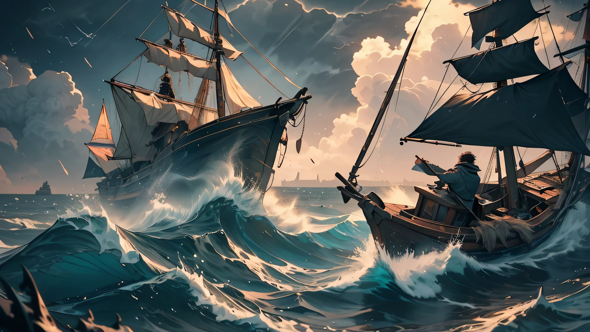 A rugged black-haired fisherman with tattered attire navigating his small boat through a treacherous midnight sea storm, viewed from behind, medieval Fantasy theme, dramatic lighting, dynamic waves, ominous clouds, high chaos