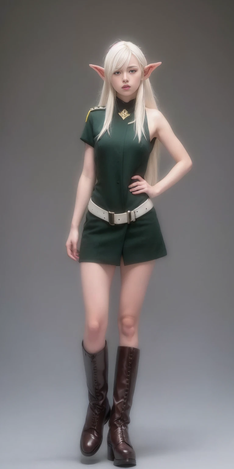 1solo white SKIN elf, long hair, white hair, yellow eyes, full body, female soldier standing on black background wearing a militar brown boots