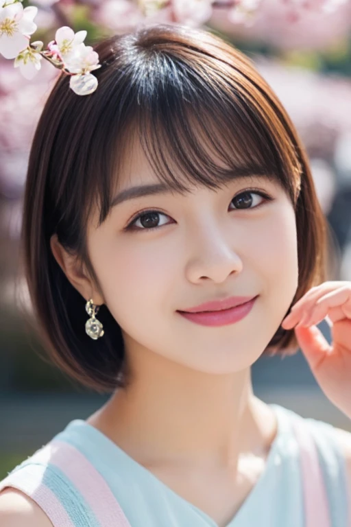 1 girl, (pastel color spring outfit:1.2), beautiful japanese actress,
looks great in the photo, Yukihime, long eyelashes, snowflake earrings,
(Raw photo, highest quality), (realistic, Photoreal:1.4), (table top),
beautiful and detailed eyes, thick and beautiful lips, highly detailed eyes and face,
break
(Cherry Blossomを愛でる少女:1.3),
(Cherry Blossom), (blue sky),
dramatic lighting, great atmosphere,
break
Perfect Anatomy, slender body, small, short hair, parted bangs, angel's smile,
Crystal Skin, clear eyes, Strobe photography, catch light