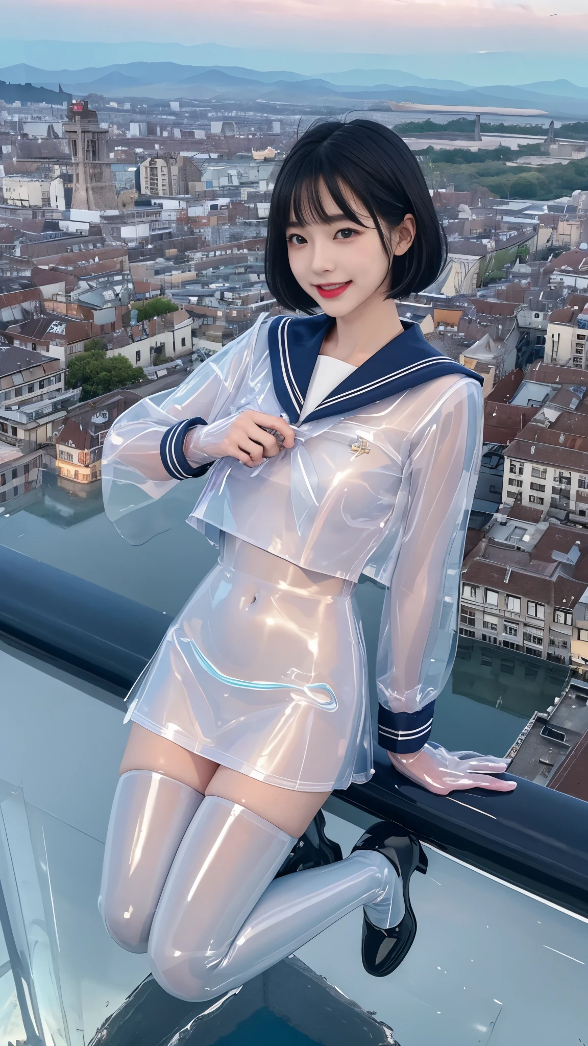 (masutepiece:1.0), (Best Quality:1.4), (A high resolution:1.2), (Photorealistic:1.4),(from above:1.5), (8K, Raw photo:1.2), (Soft Focus:1.4),BREAK,There is 2 girls wearing latex sailor  who is hugging each other and jumping to the sky and smiling and taking pictures.............................................................,full body lesbian,( her whole body covered with black latex:1.3),BREAK ,(one girl is wearing a translucent latex clear sailor uniform:1.4),BREAK,(another girl is wearing a translucent latex clear sailor uniform:1.4),BREAK,Slime skin,smooth tight nurse, translucent skin,Latex, Translucent body,latex shiny,detailed hand fingers,(glossy latex gloves:1.2), The perfect costume for your skin,BREAK,bob hair,(mint hair:1.3),glossy shiny reflective,gal make up,goddess of Japan, Glossy skin,gorgeous  japanese model,Tecateca,shiny,Slimy,(Glossy black thigh-high boots:1.2),BREAK,detailed background,in the middle of a city,(floating above a dense night city:1.6),(floating over a city:1.6),