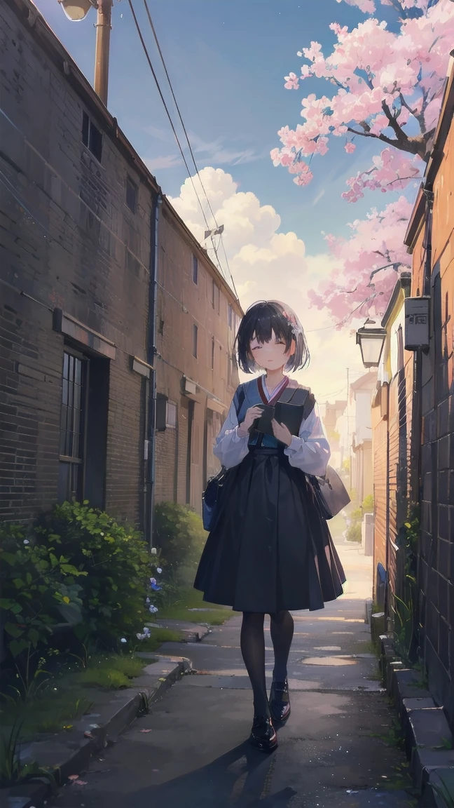 Girl looking up scene 1: Shadow of the cherry blossoms at dusk A girl stands quietly with the sky behind her, Dyed azure. 彼女の目の前にそびえ立つのはバベルのtowerと呼ばれる巨大な桜だ. The Shape, Like piercing the clouds, It&#39;s like it&#39;s reaching the sky. The girl&#39;s gaze is directed towards the top of the cherry tree.. tower, Bathed in the morning light, Creates a fantastic atmosphere. The surface of the cherry tree has intricate patterns engraved on it.. Old-fashioned. The girl seemed to sense something deep within the cherry blossoms.. Is it a memory of a classic story?、Or is it a longing for an unknown fantasy world?? Scene 2: Memories of the starry sky, with countless stars twinkling in the blue sky、少女はtowerの頂上に立つ. At her feet, The city lights shine like jewels. The girl closes her eyes and takes a deep breath. 春風の匂いとtowerの古い匂いが混じる. The girl&#39;s mind replayed a famous story. The girl read a story of adventure and friendship.。 . The main character of the story, Like a girl, バベルのtowerに登りました. There, She met her friends、Overcoming various difficulties. One day the girl had a dream。, Like the main character, I&#39;ll go on an adventure. Scene 3: 朝焼けの約束 朝日の光がtowerを照らす頃、少女はtowerを出た. think back, towerは朝日に輝いて神々It even seemed. 少女はいつかまたこのtowerに登ると決めた. And she, She vows to tell the rest of the story. step by step, The girl walked into the future,Cherry blossom trees,Falling cherry blossoms,beautiful bright sky,black hair,short bob

