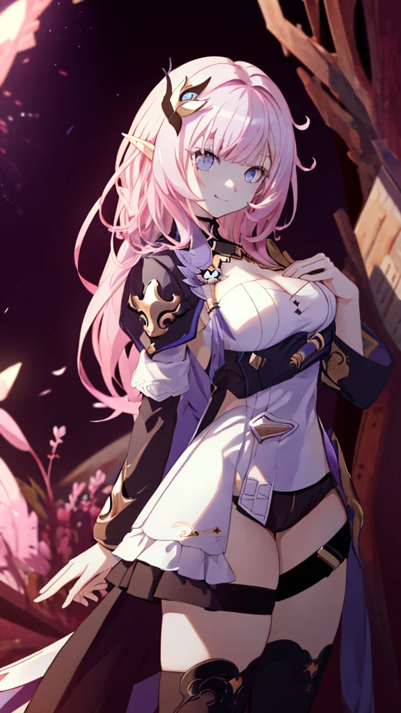 (realistic painting style), masterpiece, 最high quality,  disorganized,((full body)),Elysia (miss pink goblin) (Honkai Impact), slit pupil, Elysia (Honkai Impact), goblin, pointed ears, 1 girl, chest, cleavage, alone, pink hair, tongue, tongue out, large chest, looking at the viewer, shorts, hair ornaments, black shorts, blue eyes, bangs, long hair,  black knee high boots, smile, short shorts, closed mouth, long sleeve, pink eyes, ((very detailed background)), (((cowboy shot,dynamic angle)))，1 girl,,(shiny skin:1.3),(Beautiful and dense skin),(thin hair), masterpiece, high quality, High resolution, confused,(beautiful and aesthetic:1.2), beautiful hands, (4k), 8K, perfect balance,(Highly detailed CG Unity 8K wallpaper), perfect hands, embarrassing, blush, light_vestige,intricate details,Depth of written boundary, extremely delicate and 美しい,professional photography, Bokeh, High resolution, sharp details, 最high quality, thick thighs,beautiful eyes, beautiful background, outdoor，