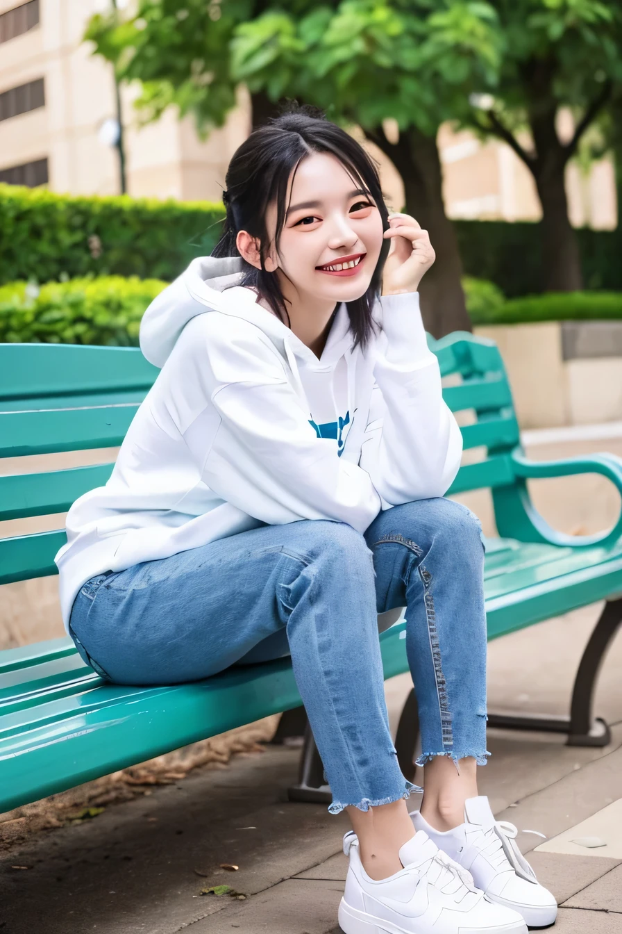 highest quality)), ((masterpiece)), (get used to it), perfect face、((highest quality)), A neat and beautiful woman sitting on a park bench、hoodie、skinny denim、sneakers、black hair、smile、smile showing teeth、full body photo、ear piercing