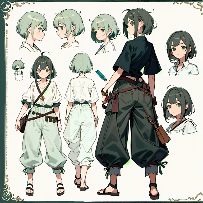 (masterpiece, best quality) detailed, girl, drawing reference, reference, lineart, sketch, Baggy pants, rope sandals, ragged shirt, shells, ((short dark green hair: 1.3)), pirate, fantasy, hips, messy hair, (character design sheet, same character, front, side, back)