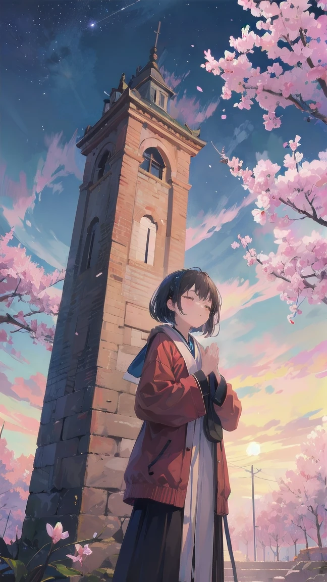 Girl looking up scene 1: Shadow of the cherry blossoms at dusk A girl stands quietly with the sky behind her, Dyed azure. 彼女の目の前にそびえ立つのはバベルのtowerと呼ばれる巨大な桜だ. The Shape, Like piercing the clouds, It&#39;s like it&#39;s reaching the sky. The girl&#39;s gaze is directed towards the top of the cherry tree.. tower, Bathed in the morning light, Creates a fantastic atmosphere. The surface of the cherry tree has intricate patterns engraved on it.. Old-fashioned. The girl seemed to sense something deep within the cherry blossoms.. Is it a memory of a classic story?、Or is it a longing for an unknown fantasy world?? Scene 2: Memories of the starry sky, with countless stars twinkling in the blue sky、少女はtowerの頂上に立つ. At her feet, The city lights shine like jewels. The girl closes her eyes and takes a deep breath. 春風の匂いとtowerの古い匂いが混じる. The girl&#39;s mind replayed a famous story. The girl read a story of adventure and friendship.。 . The main character of the story, Like a girl, バベルのtowerに登りました. There, She met her friends、Overcoming various difficulties. One day the girl had a dream。, Like the main character, I&#39;ll go on an adventure. Scene 3: 朝焼けの約束 朝日の光がtowerを照らす頃、少女はtowerを出た. think back, towerは朝日に輝いて神々It even seemed. 少女はいつかまたこのtowerに登ると決めた. And she, She vows to tell the rest of the story. step by step, The girl walked into the future,Cherry blossom trees,Falling cherry blossoms,beautiful sky,black hair,short bob
