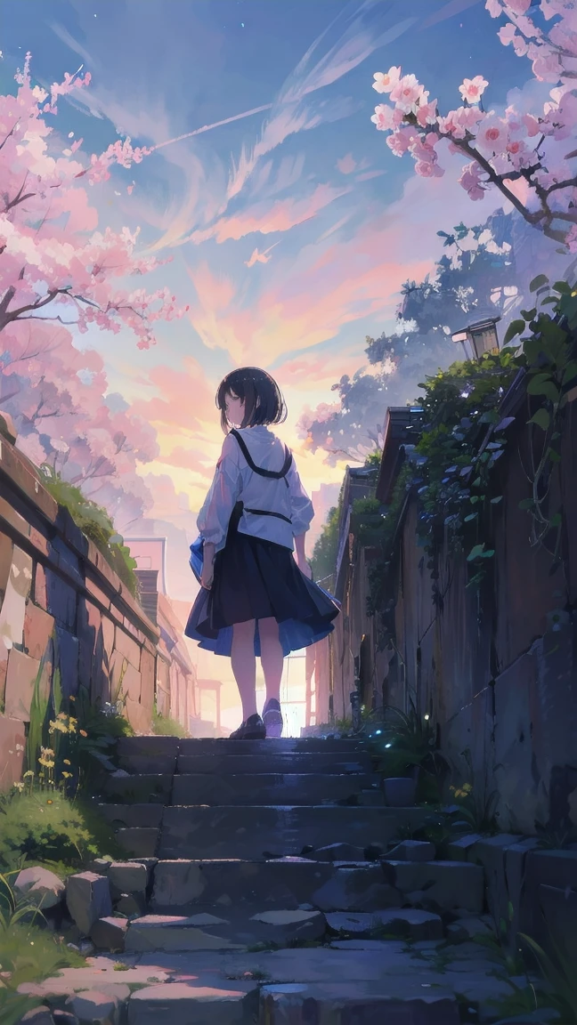 Girl looking up scene 1: Shadow of the cherry blossoms at dusk A girl stands quietly with the sky behind her, Dyed azure. 彼女の目の前にそびえ立つのはバベルのtowerと呼ばれる巨大な桜だ. The Shape, Like piercing the clouds, It&#39;s like it&#39;s reaching the sky. The girl&#39;s gaze is directed towards the top of the cherry tree.. tower, Bathed in the morning light, Creates a fantastic atmosphere. The surface of the cherry tree has intricate patterns engraved on it.. Old-fashioned. The girl seemed to sense something deep within the cherry blossoms.. Is it a memory of a classic story?、Or is it a longing for an unknown fantasy world?? Scene 2: Memories of the starry sky, with countless stars twinkling in the blue sky、少女はtowerの頂上に立つ. At her feet, The city lights shine like jewels. The girl closes her eyes and takes a deep breath. 春風の匂いとtowerの古い匂いが混じる. The girl&#39;s mind replayed a famous story. The girl read a story of adventure and friendship.。 . The main character of the story, Like a girl, バベルのtowerに登りました. There, She met her friends、Overcoming various difficulties. One day the girl had a dream。, Like the main character, I&#39;ll go on an adventure. Scene 3: 朝焼けの約束 朝日の光がtowerを照らす頃、少女はtowerを出た. think back, towerは朝日に輝いて神々It even seemed. 少女はいつかまたこのtowerに登ると決めた. And she, She vows to tell the rest of the story. step by step, The girl walked into the future,Cherry blossom trees,Falling cherry blossoms,beautiful sky,black hair,short bob
