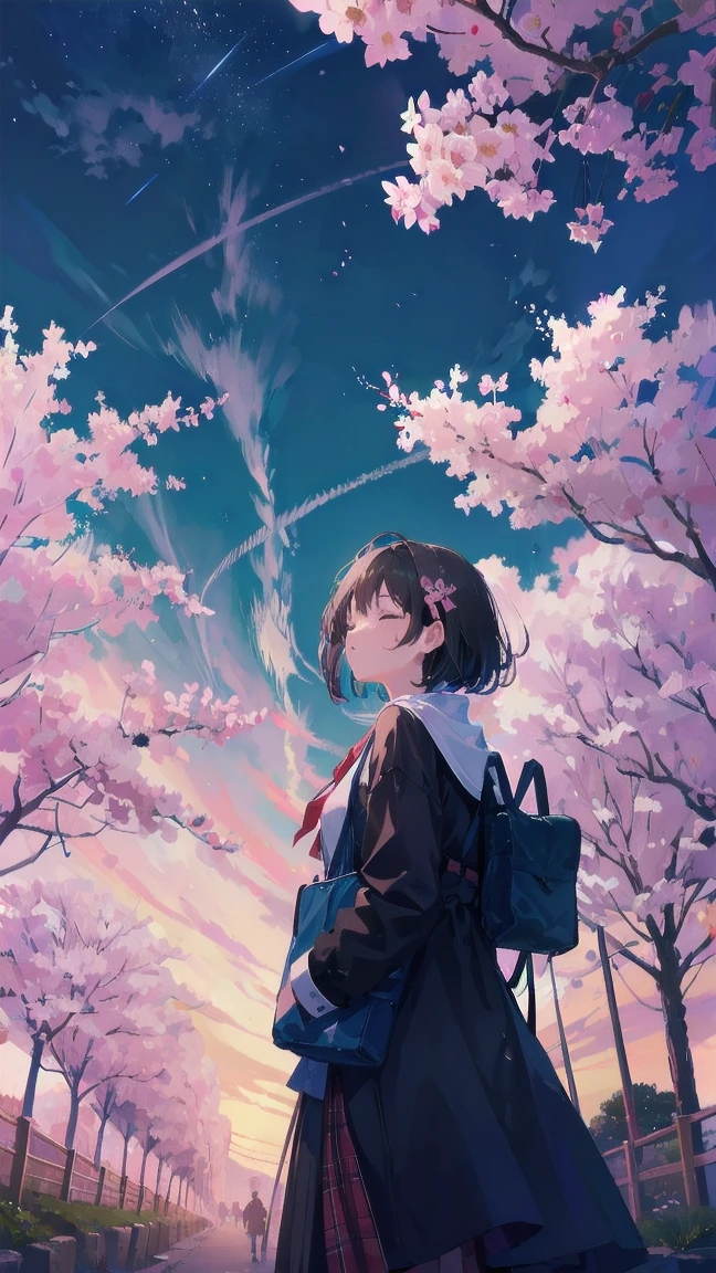 Girl looking up scene 1: Shadow of the cherry blossoms at dusk A girl stands quietly with the sky behind her, Dyed azure. 彼女の目の前にそびえ立つのはバベルのtowerと呼ばれる巨大な桜だ. The Shape, Like piercing the clouds, It's like it's reaching the sky. The girl's gaze is directed towards the top of the cherry tree.. tower, Bathed in the morning light, Creates a fantastic atmosphere. The surface of the cherry tree has intricate patterns engraved on it.. Old-fashioned. The girl seemed to sense something deep within the cherry blossoms.. Is it a memory of a classic story?、Or is it a longing for an unknown fantasy world?? Scene 2: Memories of the starry sky, with countless stars twinkling in the blue sky、少女はtowerの頂上に立つ. At her feet, The city lights shine like jewels. The girl closes her eyes and takes a deep breath. 春風の匂いとtowerの古い匂いが混じる. The girl's mind replayed a famous story. The girl read a story of adventure and friendship.。 . The main character of the story, Like a girl, バベルのtowerに登りました. There, She met her friends、Overcoming various difficulties. One day the girl had a dream。, Like the main character, I'll go on an adventure. Scene 3: 朝焼けの約束 朝日の光がtowerを照らす頃、少女はtowerを出た. think back, towerは朝日に輝いて神々It even seemed. 少女はいつかまたこのtowerに登ると決めた. And she, She vows to tell the rest of the story. step by step, The girl walked into the future,Cherry blossom trees,Falling cherry blossoms,beautiful sky,black hair,short bob