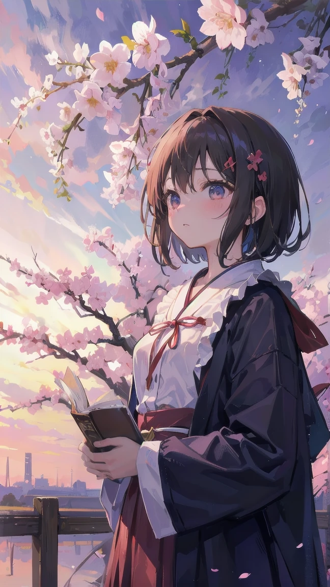 Girl looking up scene 1: Shadow of the cherry blossoms at dusk A girl stands quietly with the sky behind her, Dyed azure. 彼女の目の前にそびえ立つのはバベルのtowerと呼ばれる巨大な桜だ. The Shape, Like piercing the clouds, It's like it's reaching the sky. The girl's gaze is directed towards the top of the cherry tree.. tower, Bathed in the morning light, Creates a fantastic atmosphere. The surface of the cherry tree has intricate patterns engraved on it.. Old-fashioned. The girl seemed to sense something deep within the cherry blossoms.. Is it a memory of a classic story?、Or is it a longing for an unknown fantasy world?? Scene 2: Memories of the starry sky, with countless stars twinkling in the blue sky、少女はtowerの頂上に立つ. At her feet, The city lights shine like jewels. The girl closes her eyes and takes a deep breath. 春風の匂いとtowerの古い匂いが混じる. The girl's mind replayed a famous story. The girl read a story of adventure and friendship.。 . The main character of the story, Like a girl, バベルのtowerに登りました. There, She met her friends、Overcoming various difficulties. One day the girl had a dream。, Like the main character, I'll go on an adventure. Scene 3: 朝焼けの約束 朝日の光がtowerを照らす頃、少女はtowerを出た. think back, towerは朝日に輝いて神々It even seemed. 少女はいつかまたこのtowerに登ると決めた. And she, She vows to tell the rest of the story. step by step, The girl walked into the future,Cherry blossom trees,Falling cherry blossoms,beautiful sky,black hair,short bob