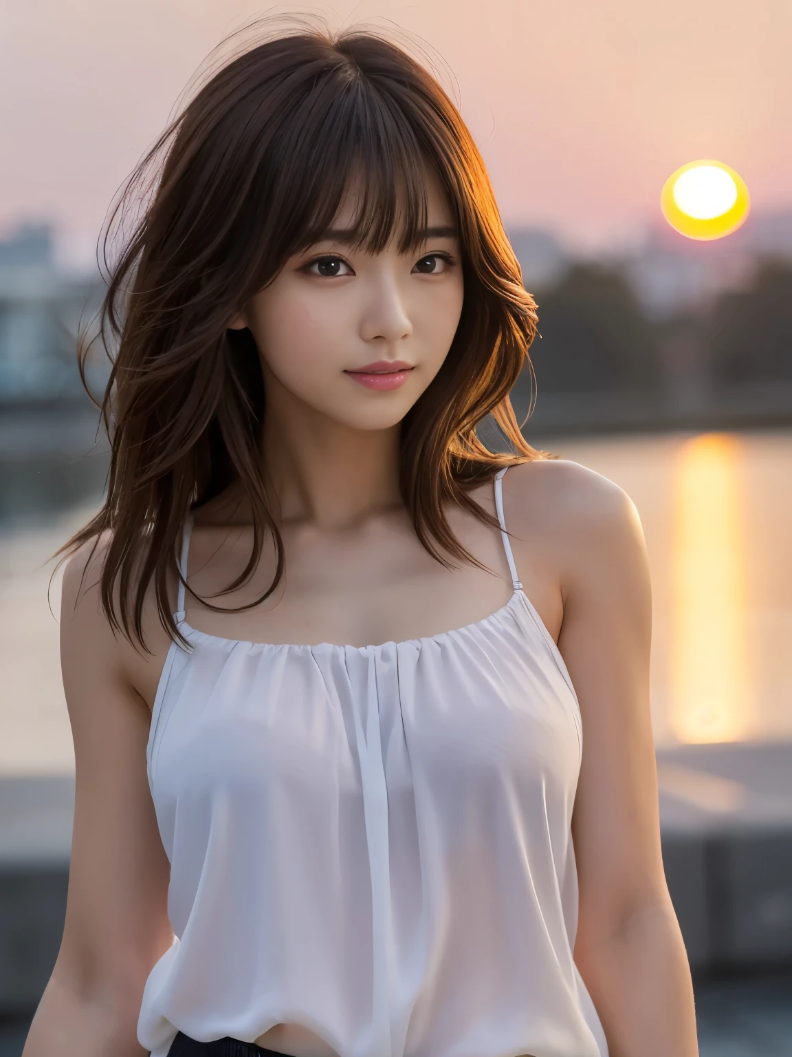 masterpiece, best quality, ultra high res, ultra detailed, sharp focus, 1girl, solo, a stunning pretty and beautiful Japanese sexy model, 19yo, looking at viewer:1.3, (bright smile:0.6), wearing a (blouse), dusk, sunset, night, realistic, slender, (standing:1.1), (looking at the viewer:1.3), sexy gaze, blush, (upper body shot:1.6), medium hair, messy hair, asymmetrical bangs, light brown hair, messy hair style,