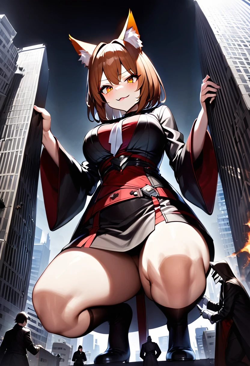 huge，brown hair，fox ears，Teenage girl，short skirt，Teasing the villain，A giant girl taller than a building，Wearing black knee socks，city-destroying，miniature city，low angle of view，shrouded in the villain，White，arrogant，Holding a miniature building in hand，squatting
