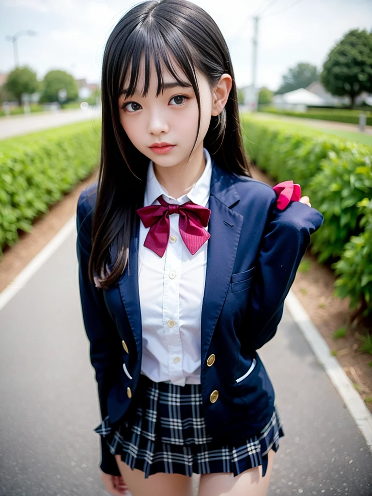 ((top-quality、(NSFW、((cammel toe))、top-quality、masterpiece、超A high resolution、8K、top-quality、Drawn details)、(full body photographed)、(tilt your head)、17-year-old high school girl、Super beautiful shape、Take off your navy blue blazer uniform、darkblue miniskirt、Take off your white shirt、Ribbon Ties、Black Haired Beautiful Girl、black hair shorthair、Secure your hair with white hairpins、Show ears、、Scenery behind the school building、Wind behind the school gymnasium、Spread legs wide、crotch opens、Show off between the legs、Overflowing with drool and sweat