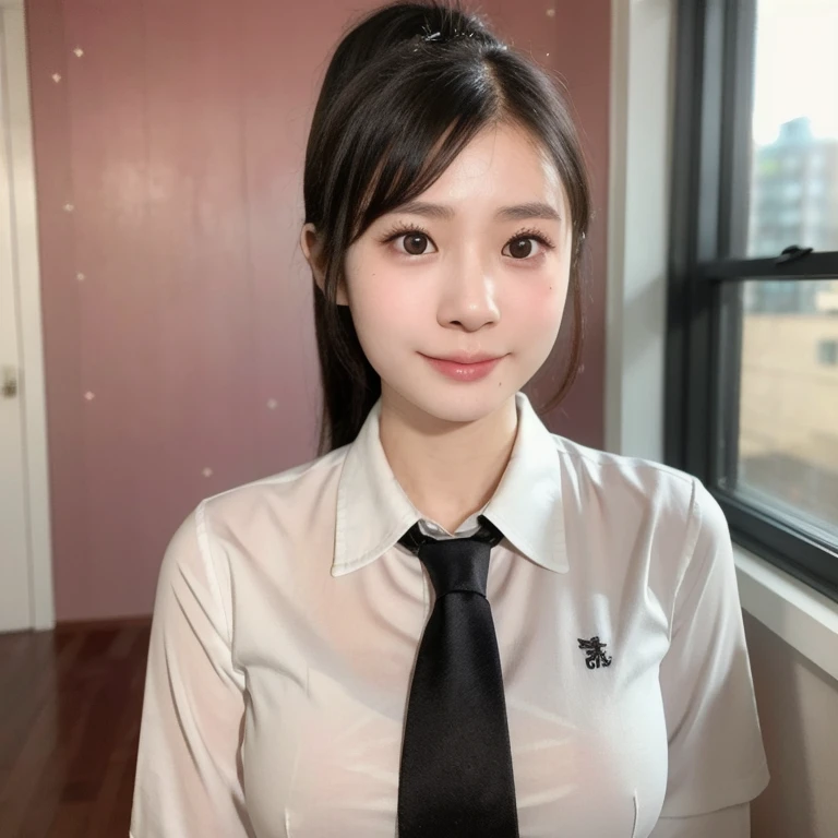 (kawaii 24 year-old Japanese girl, Nogizaka idol, Korean idol), (glossy black hair, high ponytail, center ponytail, single ponytail:1.3), (rounded face, single eyelid, no makeup, soft smiling:1.2), forehead, (wearing collared shirt, thick cotton shirt, necktie:1.3), pencil skirt, (well shaped extra small breasts), (looking at viewer:1.2), BREAK, (office background, standing by the window:1.3), (dynamic angle, face focus:1.3), BREAK, (masterpiece, best quality, photo realistic, official art:1.4), (UHD, 8K quality wallpaper, high resolution, raw photo, film grain:1.2), (shiny skin), professional lighting, physically based rendering, award winning, (perfect anatomy, highly detailed skin textures, extremely detailed face and eyes, well drawn glittering pupils), Carl Zeiss 85 mm F/1.4, depth of field, 1girl, solo,