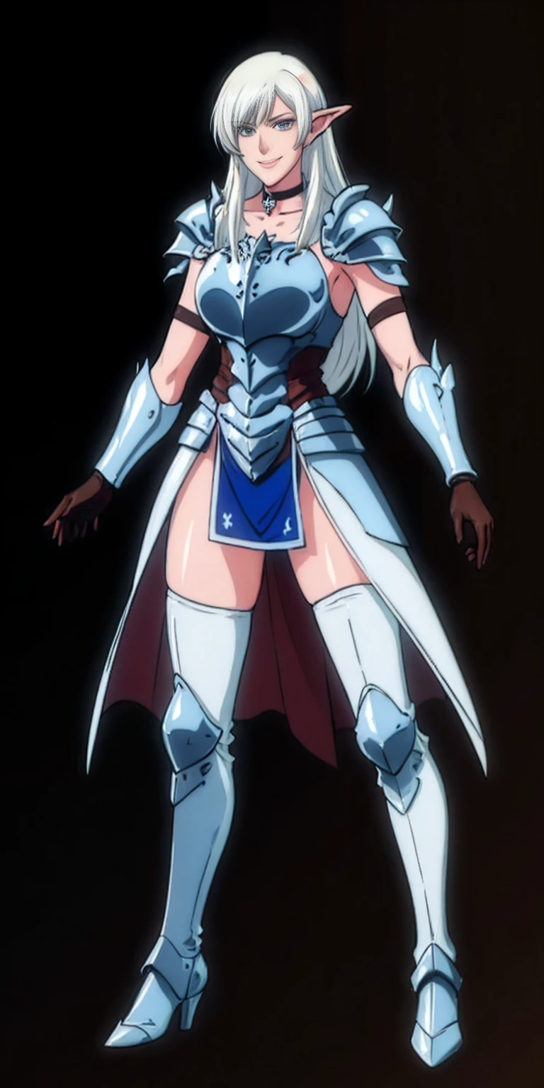 1solo white SKIN elf, long hair, white hair, yellow eyes, full body, smile, red cheeks, female soldier standing on black background looking at viewer wearing armor and a pair of militar brown boots (breastplate, shiny, armor, thigh highs, high boots, shoulder armor, faulds, poleyn, gloves, gauntlets, bracers, choker leather collar)
