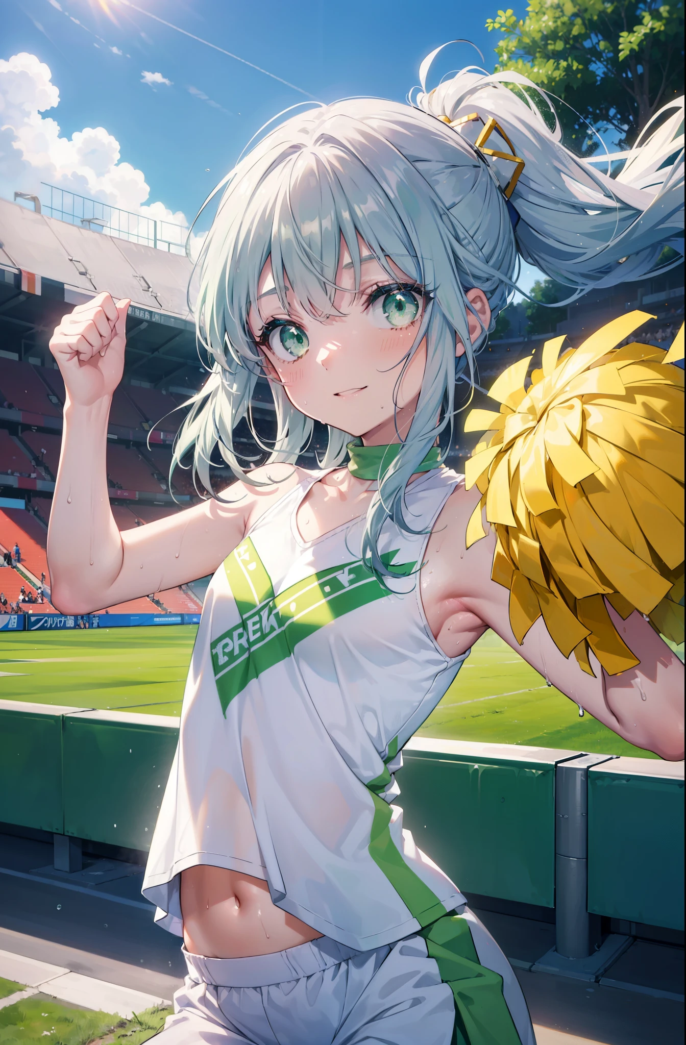 index, index, (green eyes:1.5), silver hair, long hair, (flat chest:1.2),(cheer leading), (whole body), lower, (sweaty), sweaty Wet Clothes, (white clothes), , Navel support, playground, (jump), (jump), 足を曲げてjumpする, air, blue sky, Grass原, smile,Cheerleader, pom pom \(cheer leading\), Grass, smile,
break looking at viewer, Upper body, whole body,
break indoors, stadium,
break (masterpiece:1.2), highest quality, High resolution, unity 8k wallpaper, (figure:0.8), (detailed and beautiful eyes:1.6), highly detailed face, perfect lighting, Very detailed CG, (perfect hands, perfect anatomy),