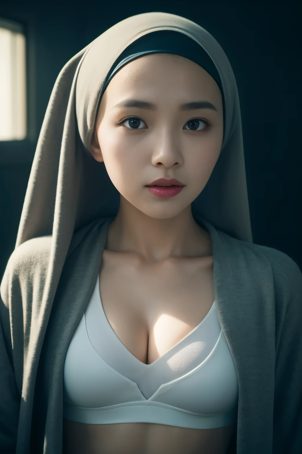 8k, hyper resolution, extremely detailed, A highly detailed, full body 3D rendering of a realistic naked chinese young girl and only wearing a hijab with accurate face and wearing g-string. She is nude and standing confidently showing sexy body, badroom background, drawing attention to its cheerful and elegant appearance. Her skin is smooth, naturally glowing and healthy, and her eyes are bright and expressive. The overall style is a mix of realism and a hint of cartoon features, giving it a lively look. use soft photography lighting