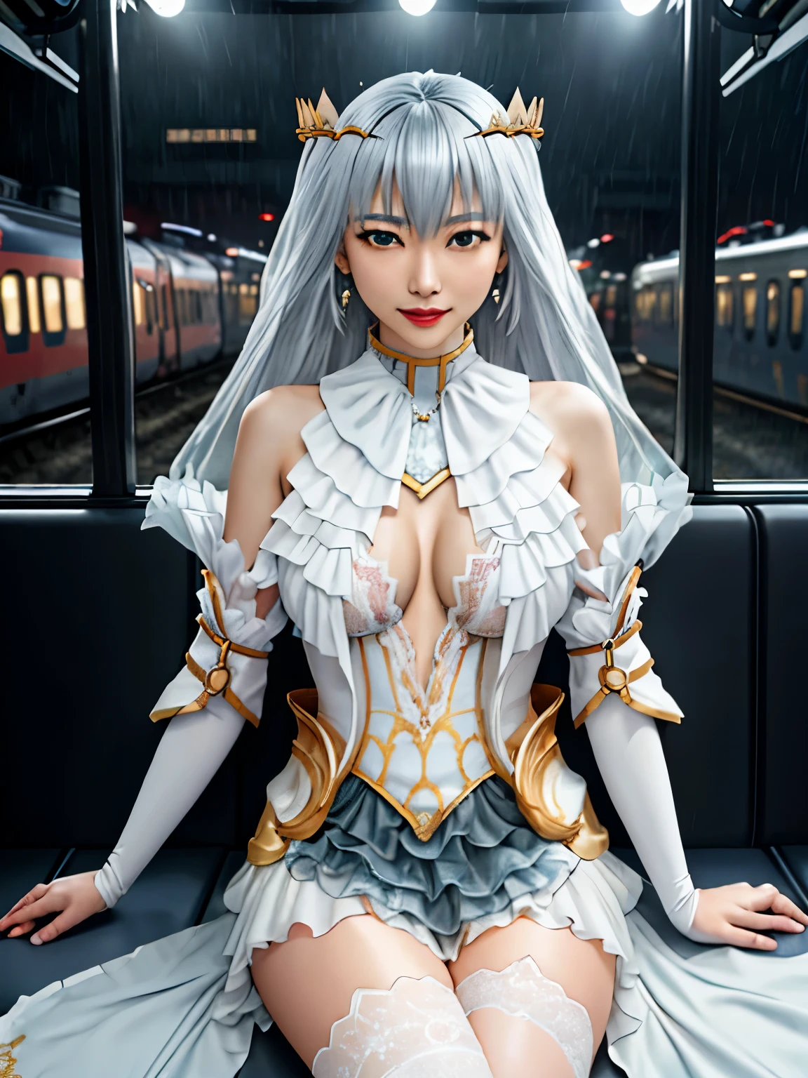 Tobiichi Origamai date a live, anime style, (masterpiece:1.35),(bestquality:1.4), 8k,ultra-detailed, professional lighting photography, (ultra-realistic:1.4), film grain, Fujifilm XT3, depth of field, female focus, mature female, cosplay, (Asian female:1.45), looking at viewer, head curtain crown, blush, closed mouth, seductive smile, red lips, detached sleeves, (hand between the crotch)!!, earrings, pelvic curtain, hair between eyes, white hair bangs, white hair, long hair, detailed realistic hair, hair braid, japanese clothes, spirit vers, detailed realistic clothes, jewelry, detailed jewelry, neck garter, necklace, (covered shoulders)!!, (covered breast)!!, (breast is covered)!!, (covered chest)!!, (chest is covered)!!, open skirt, petticoat, fishnet legs, panthyhose, smooth thighs cleavage, (garter thighs), high_thighs, nontraditional tobiichi origami /(date a live/), (shiny eyes pupils)!!, detailed eyes, (homochromatic eyes)!, (sit down at train stasiun)!!, winter, white filter, there is train, rain, european city, tobiichi origami /(date a live/), (correct anatomically)!