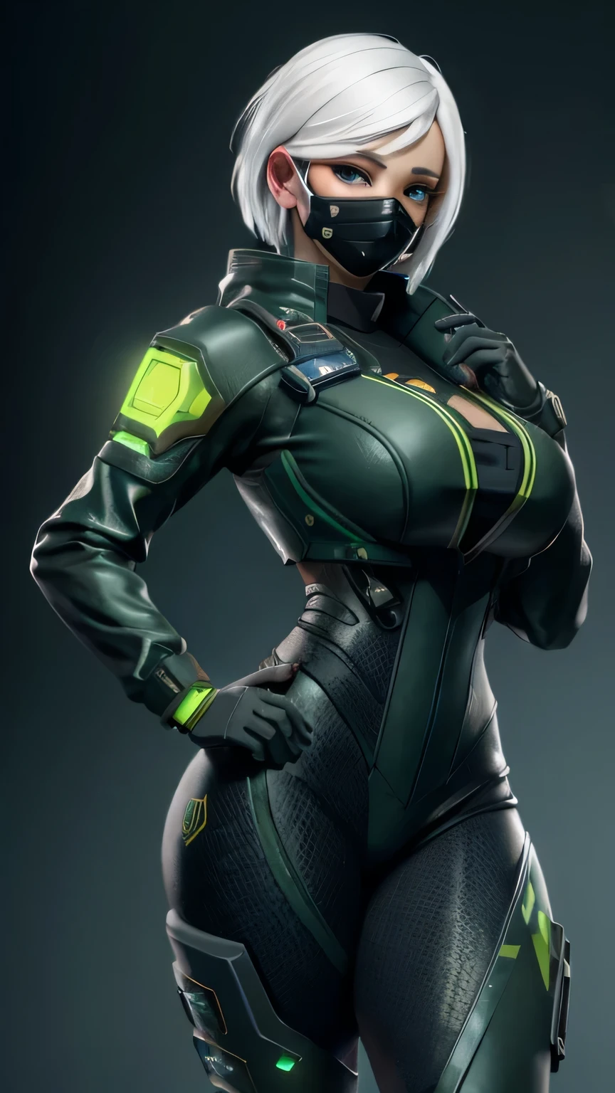 (highres:1.2,ultra-detailed,photo-realistic:1.37), Fullbody,cyberpunk,female investigator,white hair,detailed face,beautiful detailed eyes,(((technological mask))),full and elegant police investigator black uniform,big breasts,((strong green tones)), cowboy shot