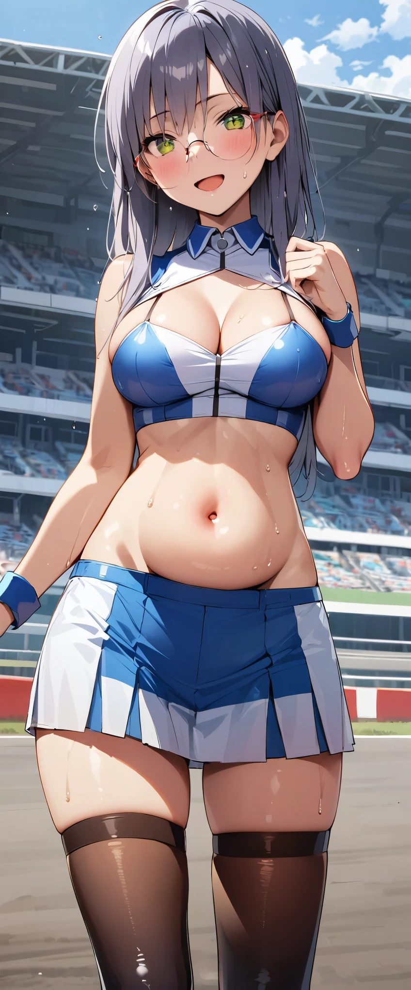 1 female,black hair,18-year-old,(((Shiny race queen uniform with exposed belly button)))(((blush、open mouth smile)),(((straight hair))),,,(wet with sweat)(leather thigh high boots)(((beautiful breasts)))((Tight Skirt))((crop top))glasses,race track