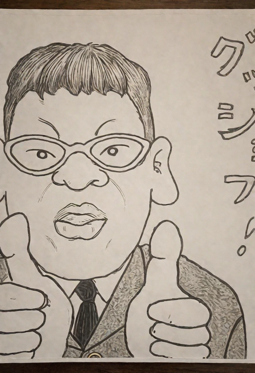 Close-up of a drawing of a man giving a thumbs up, fujita goro!, Otomo, Akira Toriyama style, by Naka Bokunen, katsuhiro - Otomo, by Oka Yasutomo, by Miyamoto, Akira Toriyama 📹, katsuhiro Otomo style, by Akira Toriyama, toriyama akira