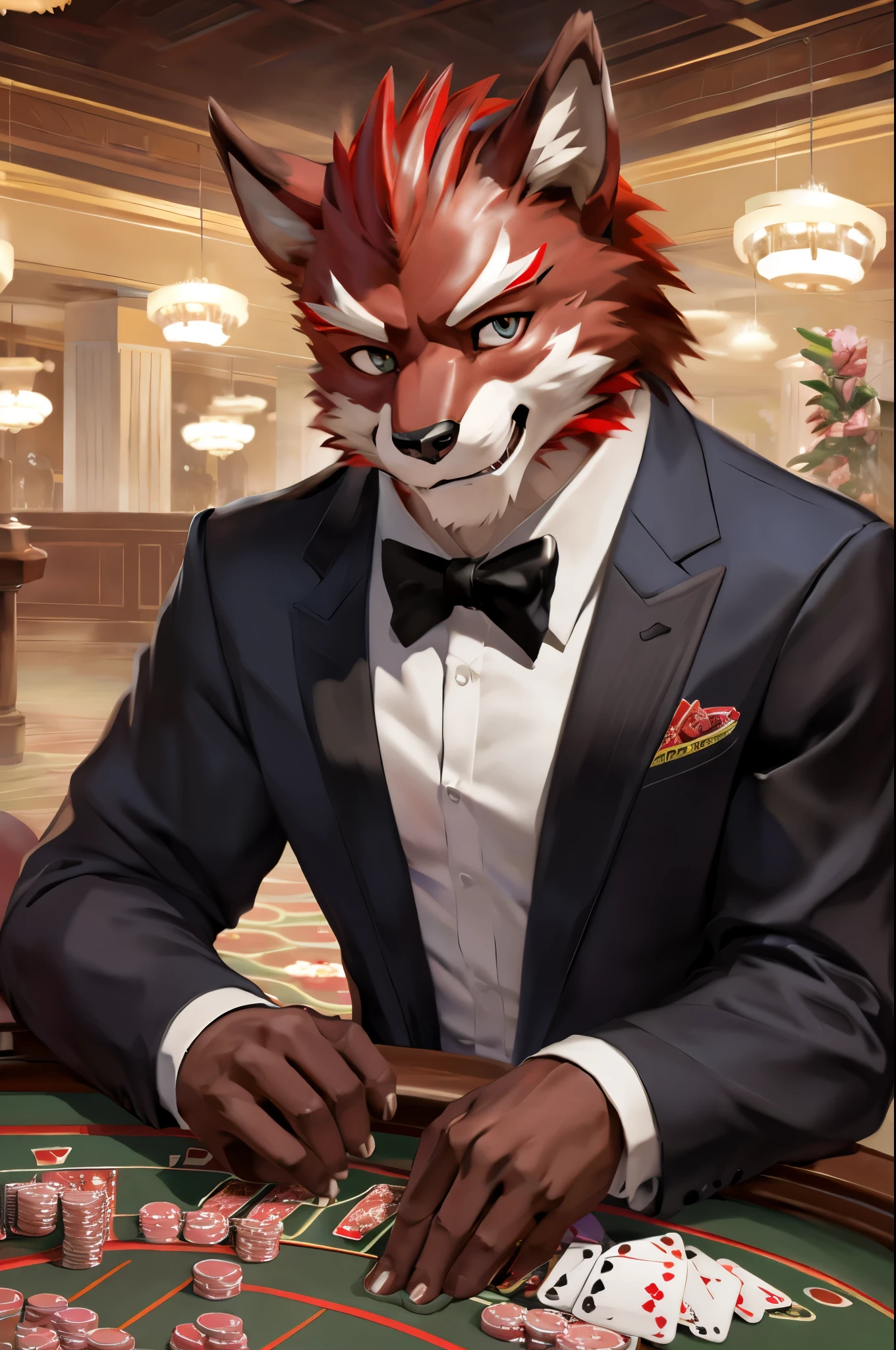 posted on e621 (by Chunie), furry, male, anthro, solo, (Realistic eye details:1.2), (beautiful detailed eyes), anime character there is a diederich olsen (/knights college/) male, casino, Black suit, Red tie, win the game, Playing Poker Texas hold'em, Five-card draw, Omaha hold'em), the place is busy with people around the casino, perfect anatomy, realistic anatomy, full body like, slim body, good looking, anime style, 8k, 4k anime wallpaper, anime art wallpaper 8 k, 2 d art, 2d art, anime art wallpaper 4k, detail art