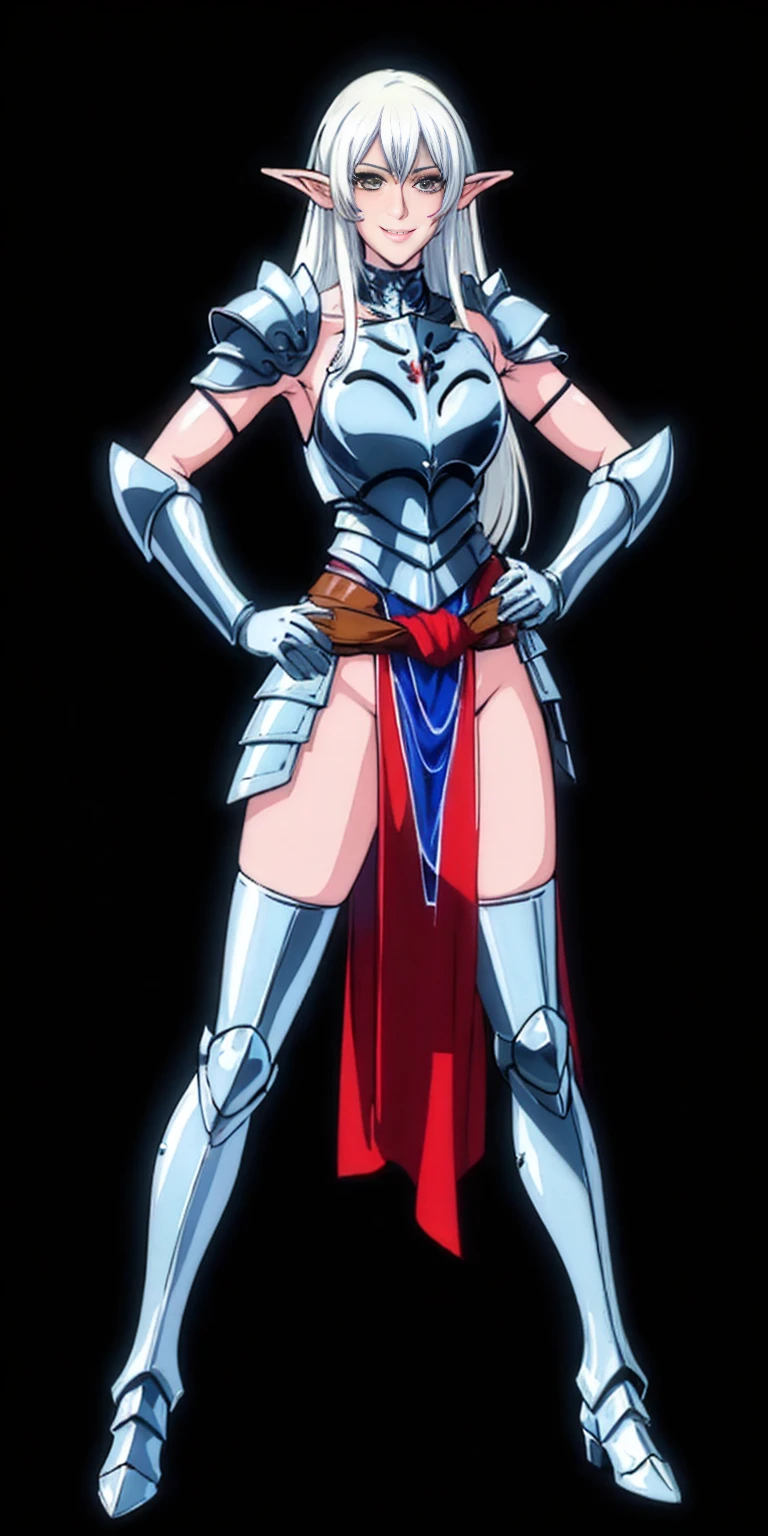 ((black background)) 1solo white SKIN elf, long hair, white hair, yellow eyes, full body, female soldier standing on black background looking at viewer wearing armor and a pair of militar brown boots (breastplate, shiny, armor, thigh highs, high boots, shoulder armor, faulds, poleyn, gloves, gauntlets, bracers, choker leather collar) WRIST HANDCUFFS, smile, red cheeks, lustful smirking smile face red blushed red cheeks, HANDS ON HIPS clenching fist